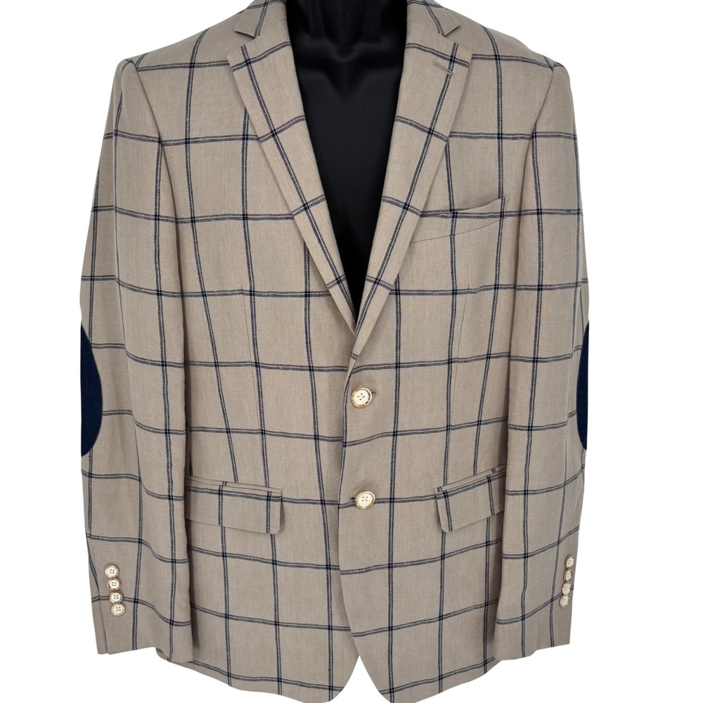 Tallia Mens 36R Linen Blazer Sport Coat Beige Navy Windowpane Elbow Patch Floral